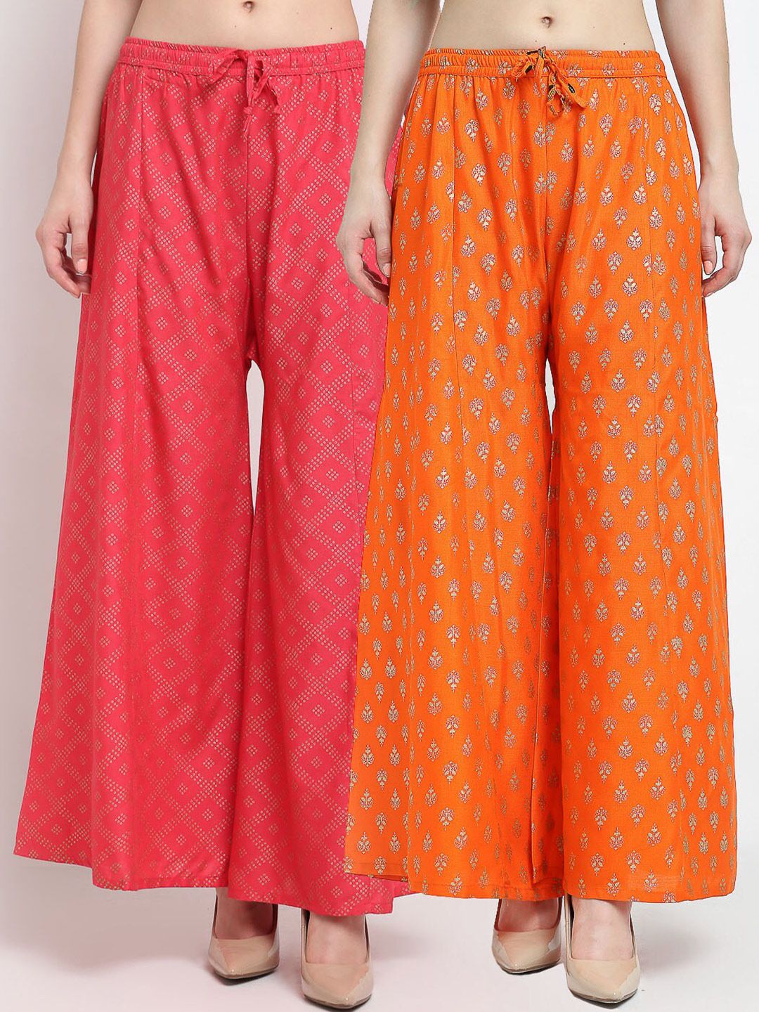 Jinfo Women Orange & Pink Set Of 2 Block Printed Flared Fit Palazzos Price in India