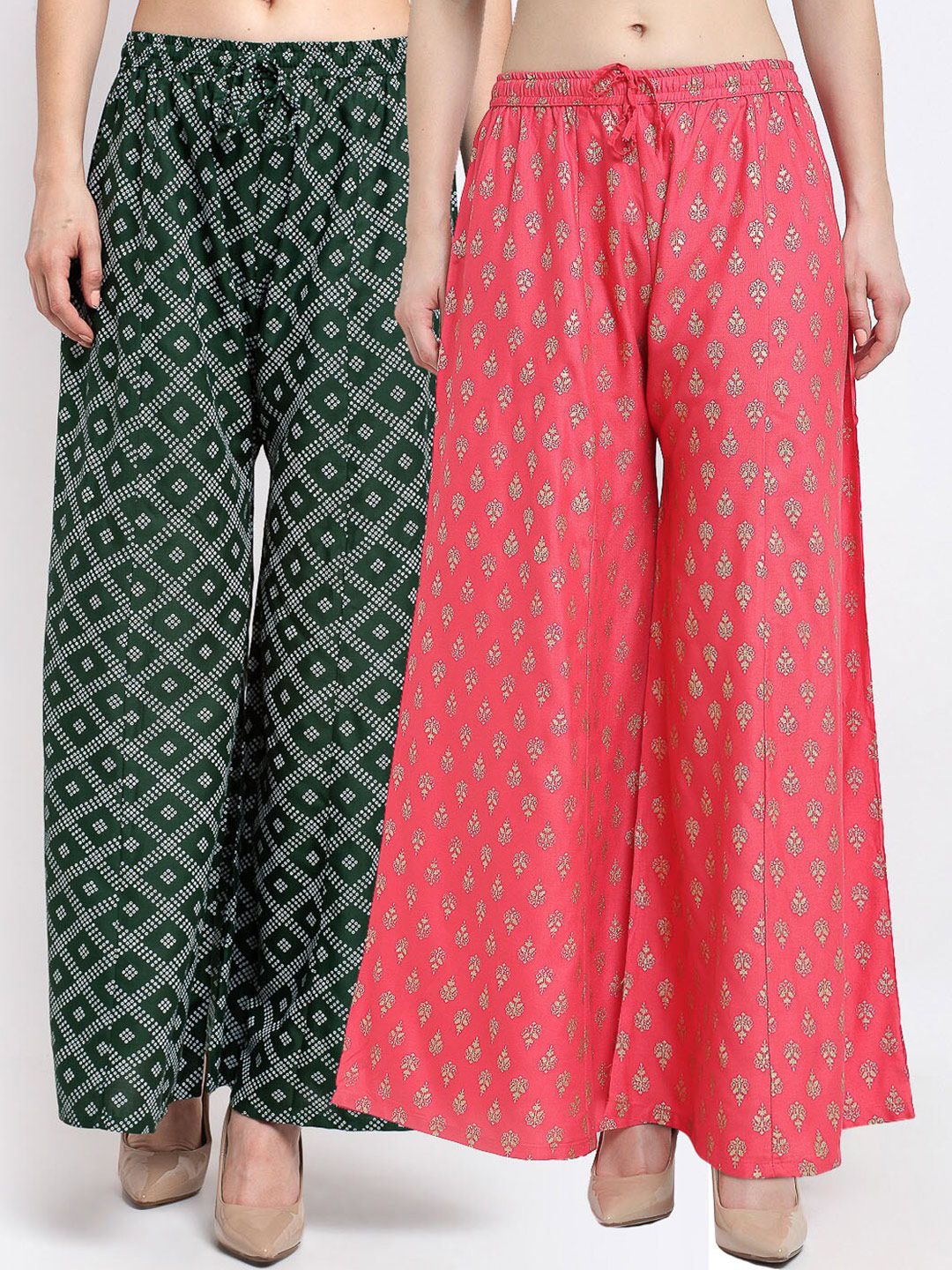 Jinfo Women Pack of 2 Green & Pink Ethnic Motifs Printed Flared Knitted Ethnic Palazzos Price in India