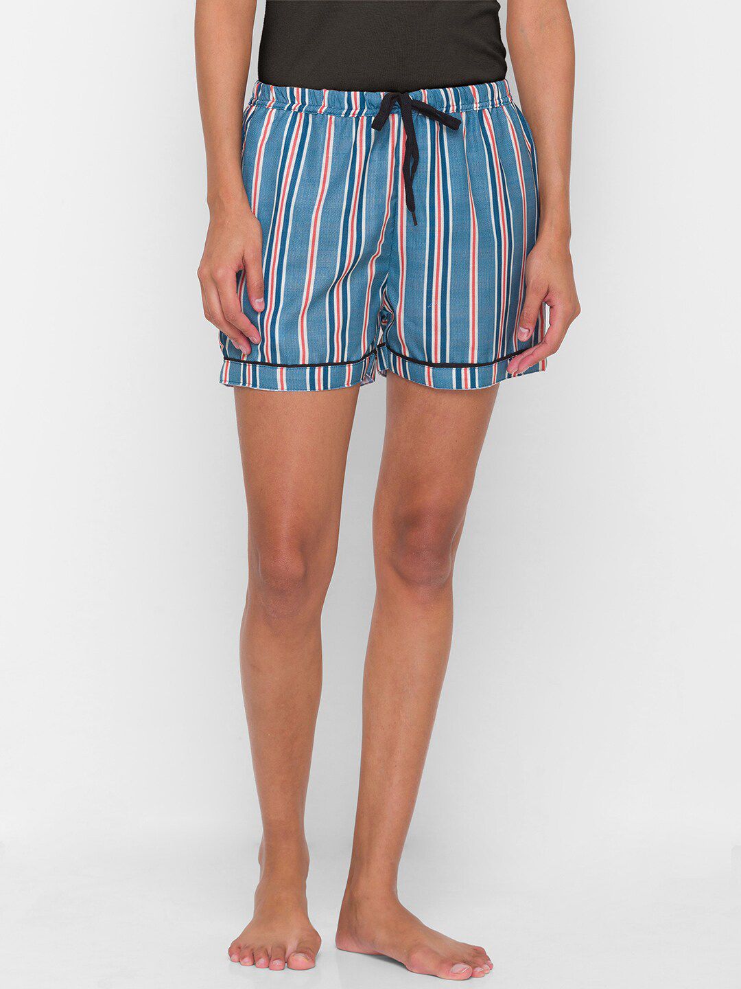 NOIRA Women Navy Blue & Pink Striped Lounge Shorts Price in India