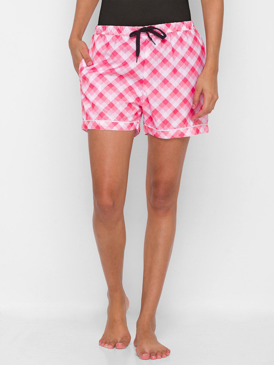 NOIRA Women Pink & White Checked Cotton Lounge Shorts Price in India