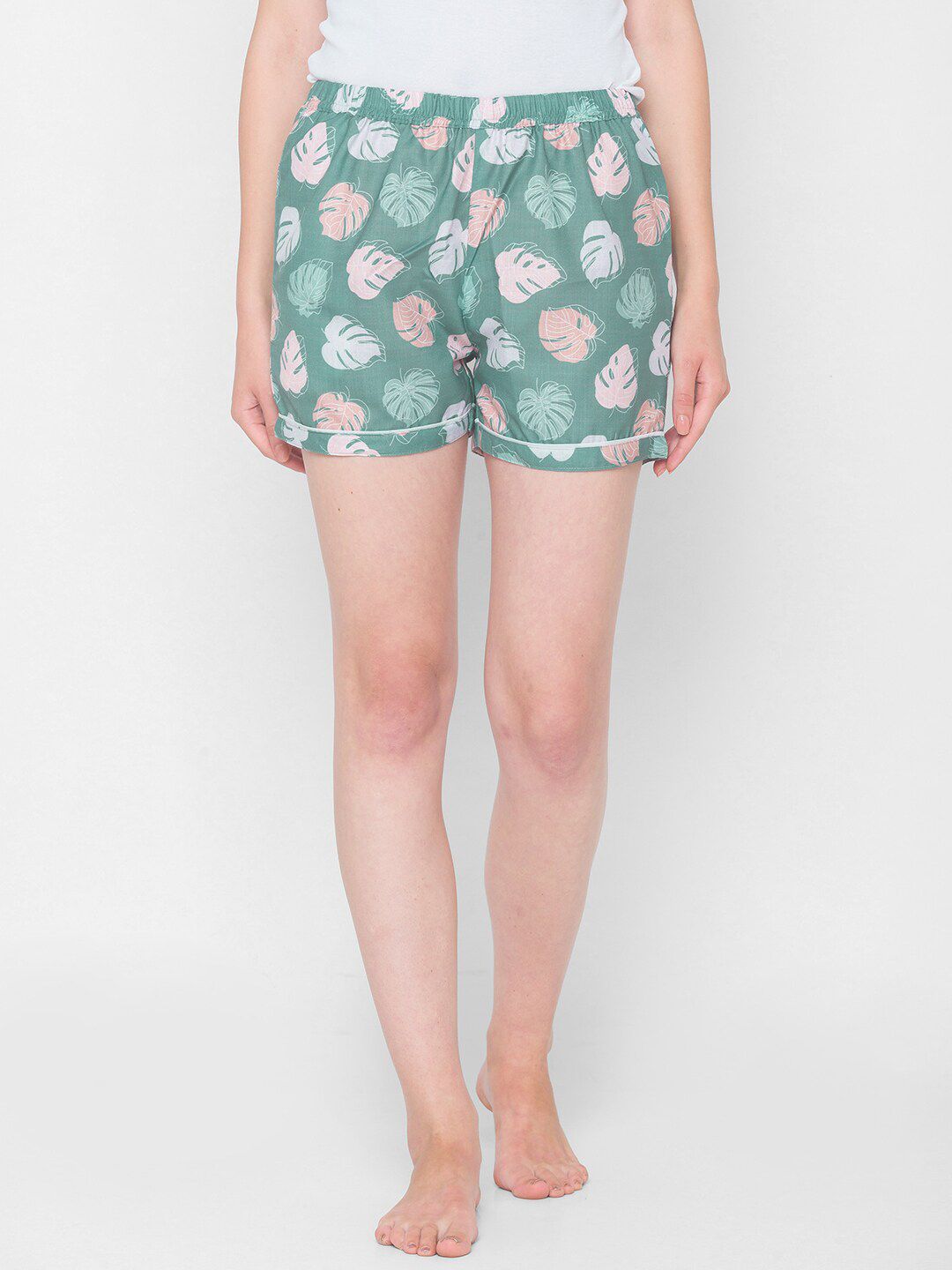 NOIRA Women Green & Pink Printed Lounge Shorts Price in India