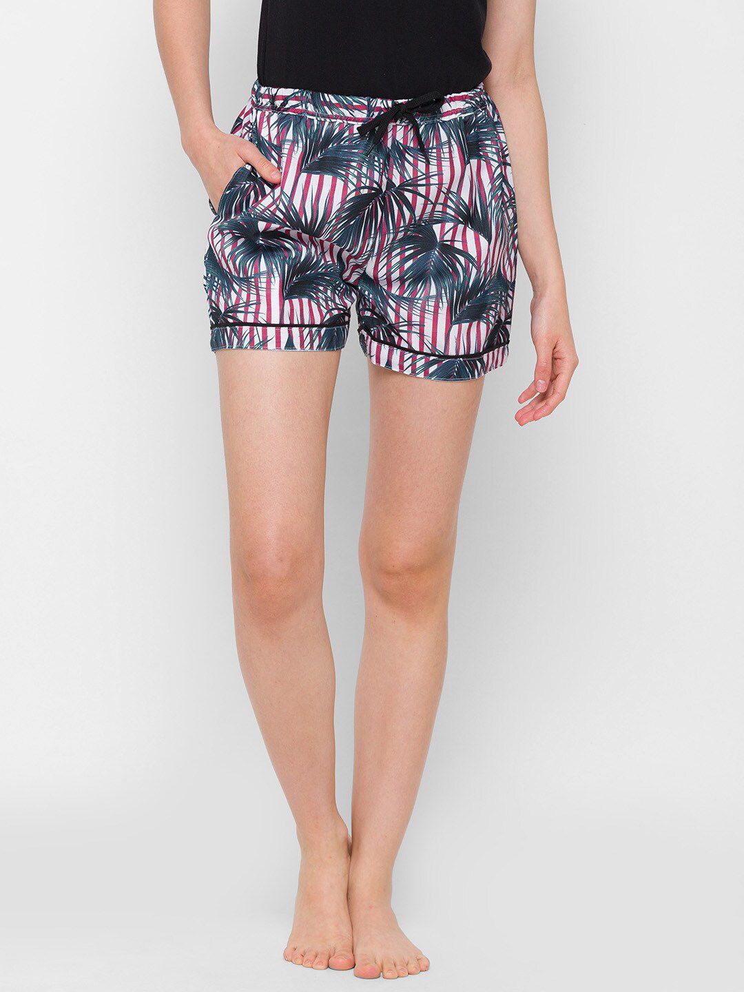 NOIRA Women Red & Blue Tropical Printed Cotton Lounge Shorts Price in India