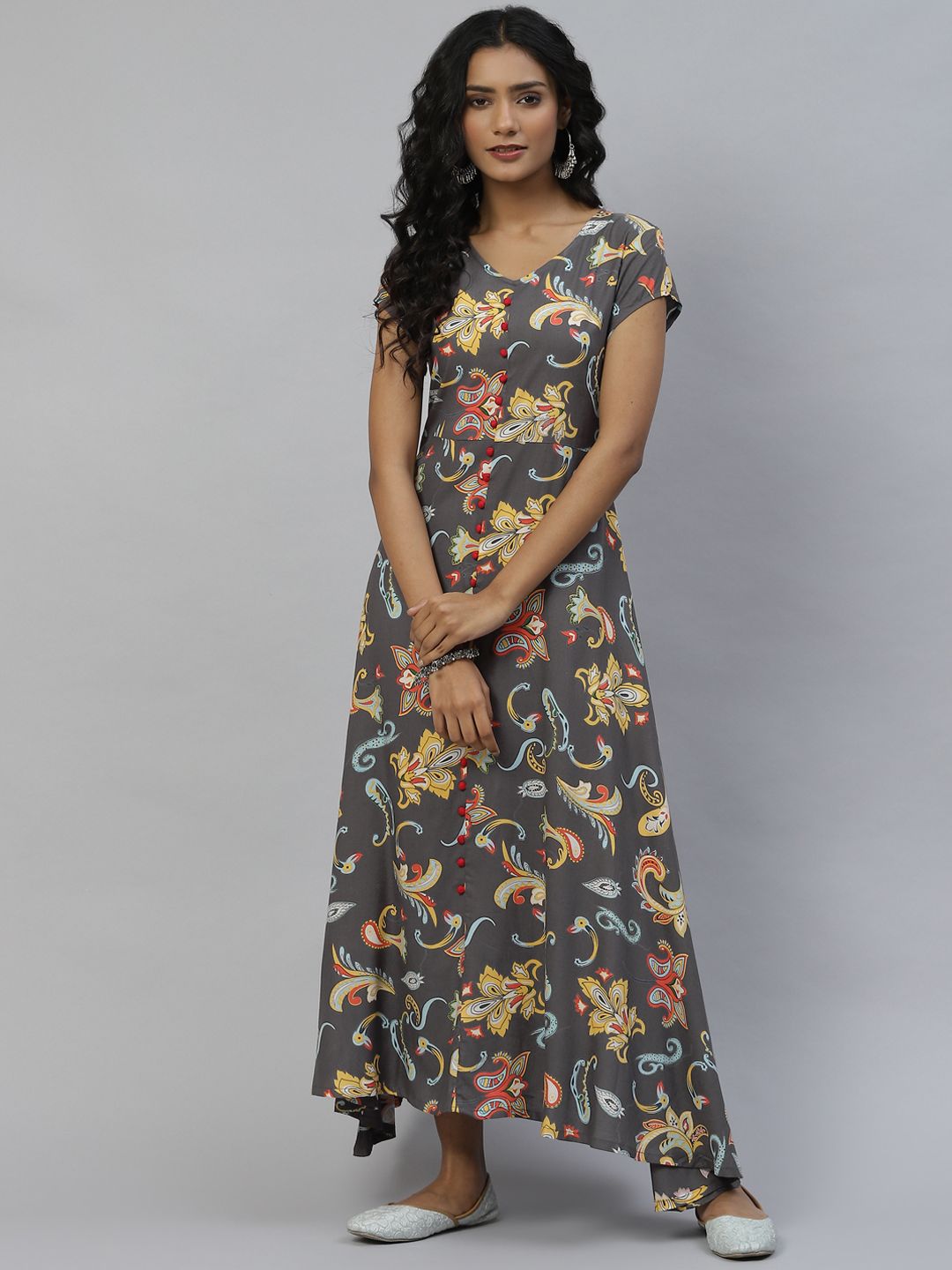 DESI BEATS Grey Ethnic Motifs Maxi Dress Price in India