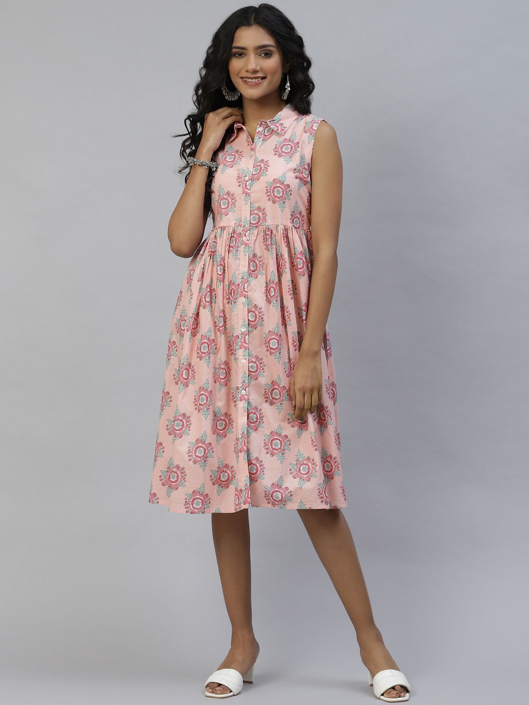 DESI BEATS Peach-Coloured Ethnic Motifs Shirt Dress Price in India