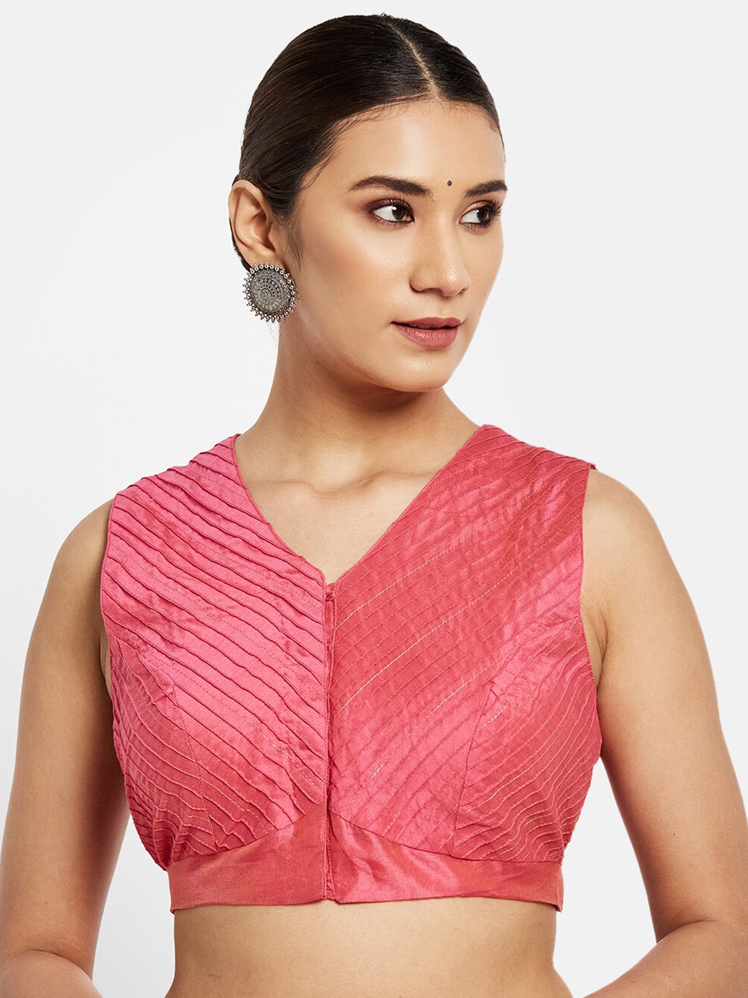 Fabindia Pink Solid Pintucks Saree Blouse Price in India