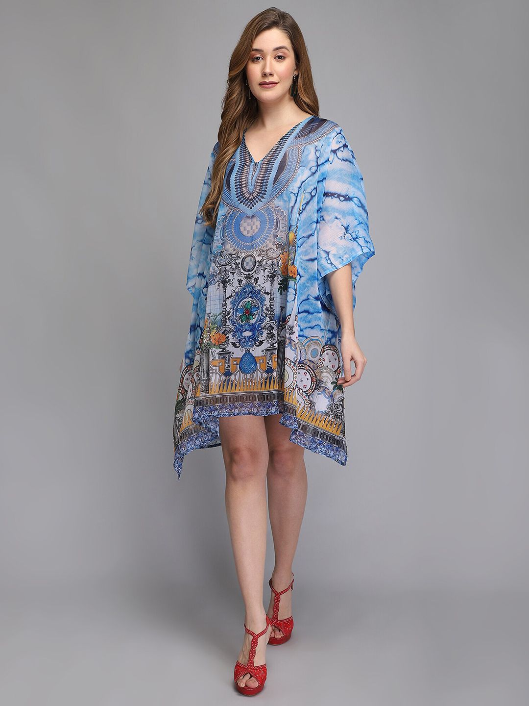 Aditi Wasan Blue Ethnic Motifs Chiffon Ethnic Kaftan Dress Price in India