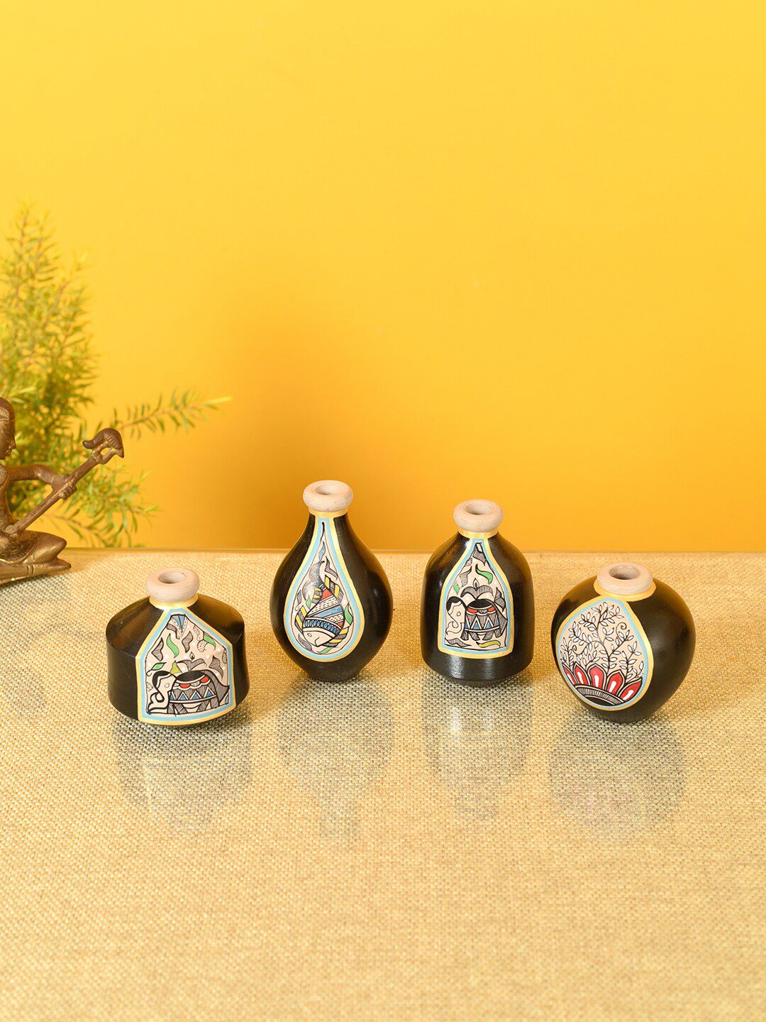AAKRITI ART CREATIONS Set Of 4 Black & White Madhubani Printed Terracotta Vases Price in India