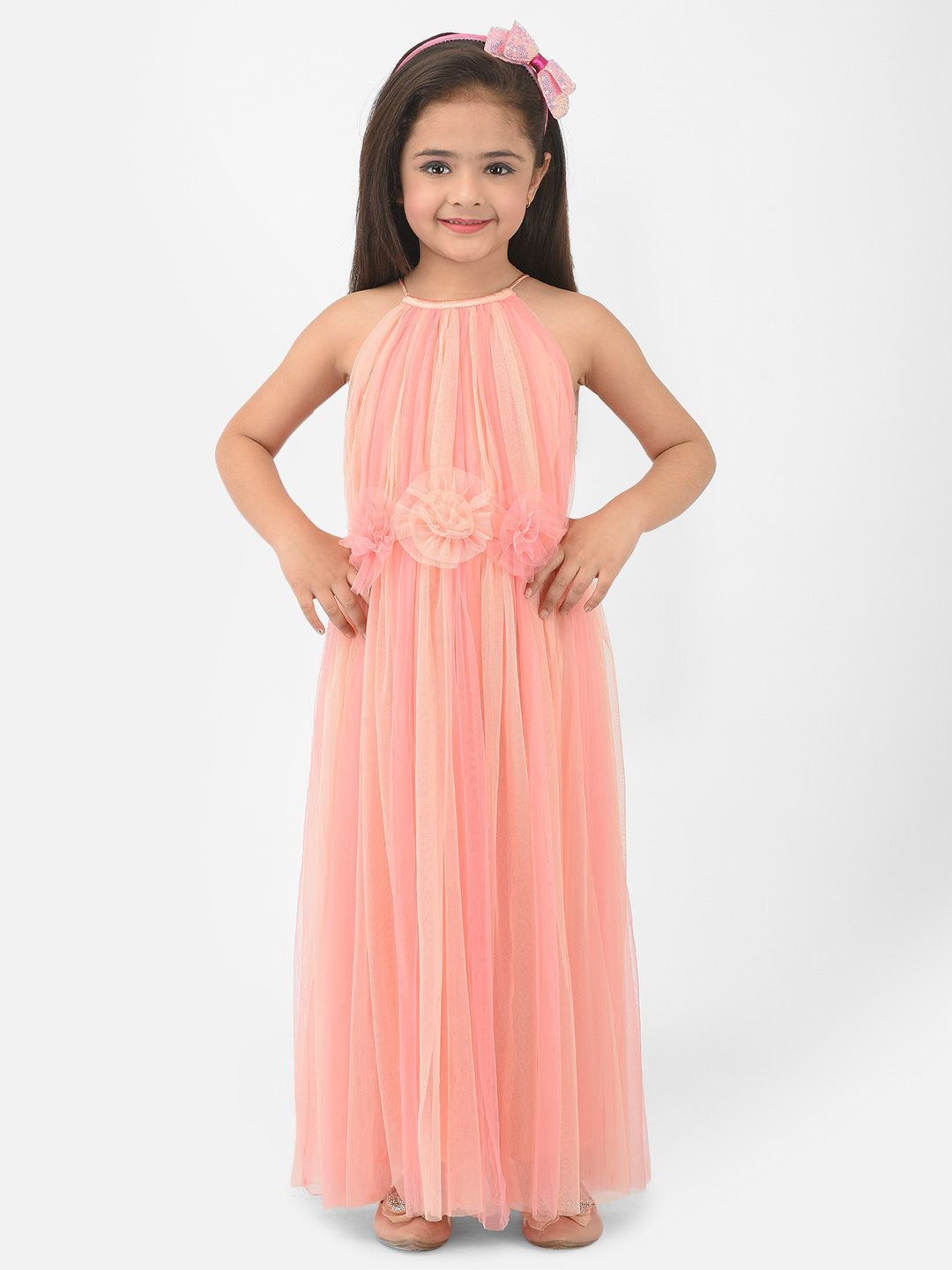 Eavan Peach-Coloured Colourblocked Halter Neck Net Maxi Dress