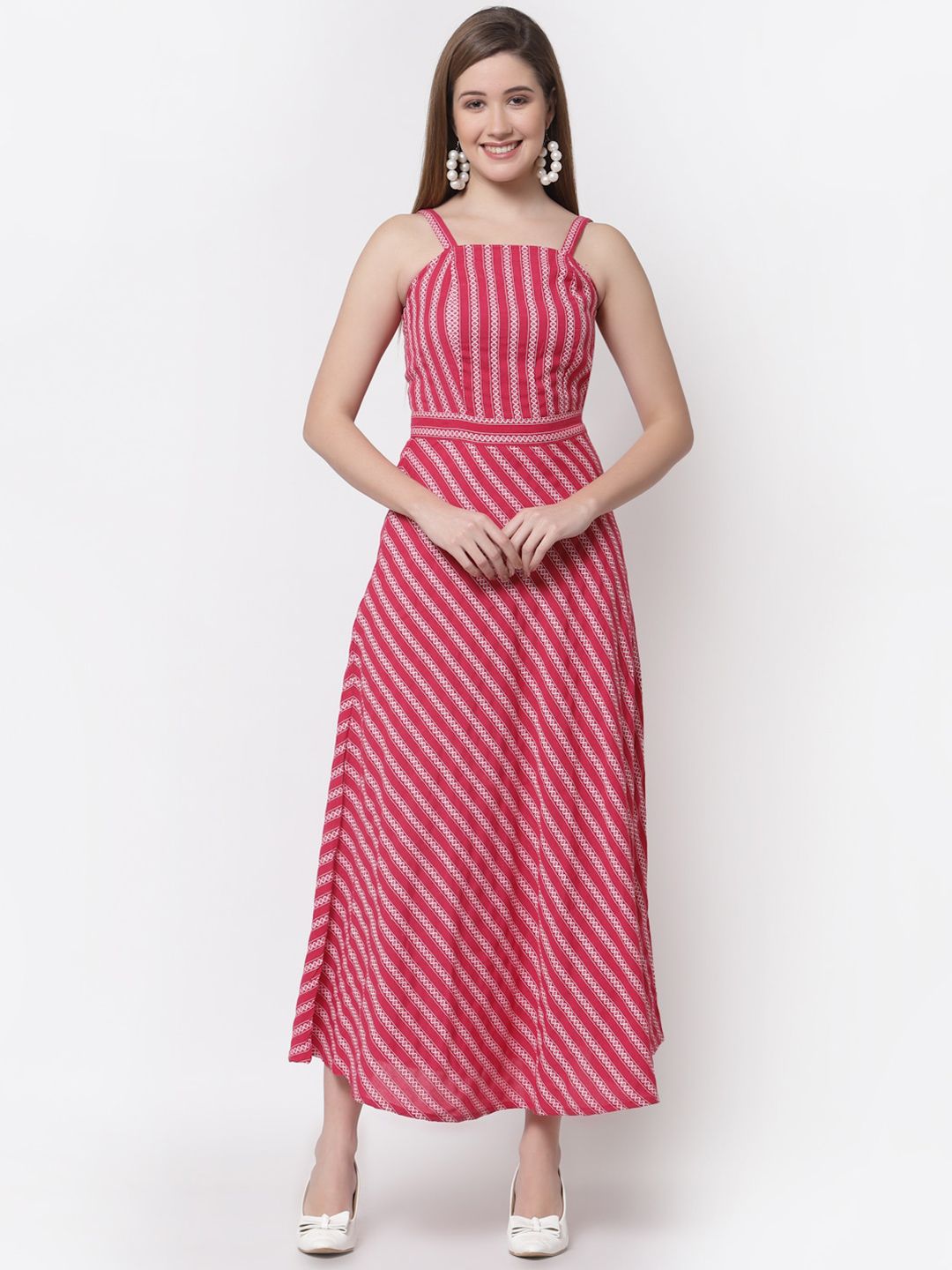 Myshka Red & Pink Striped Pure Cotton Maxi Dress Price in India