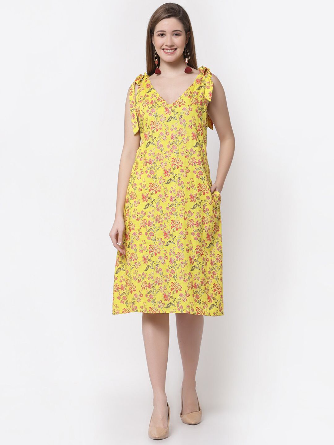 Myshka Women Yellow Floral A-Line  Cotton Dress Price in India