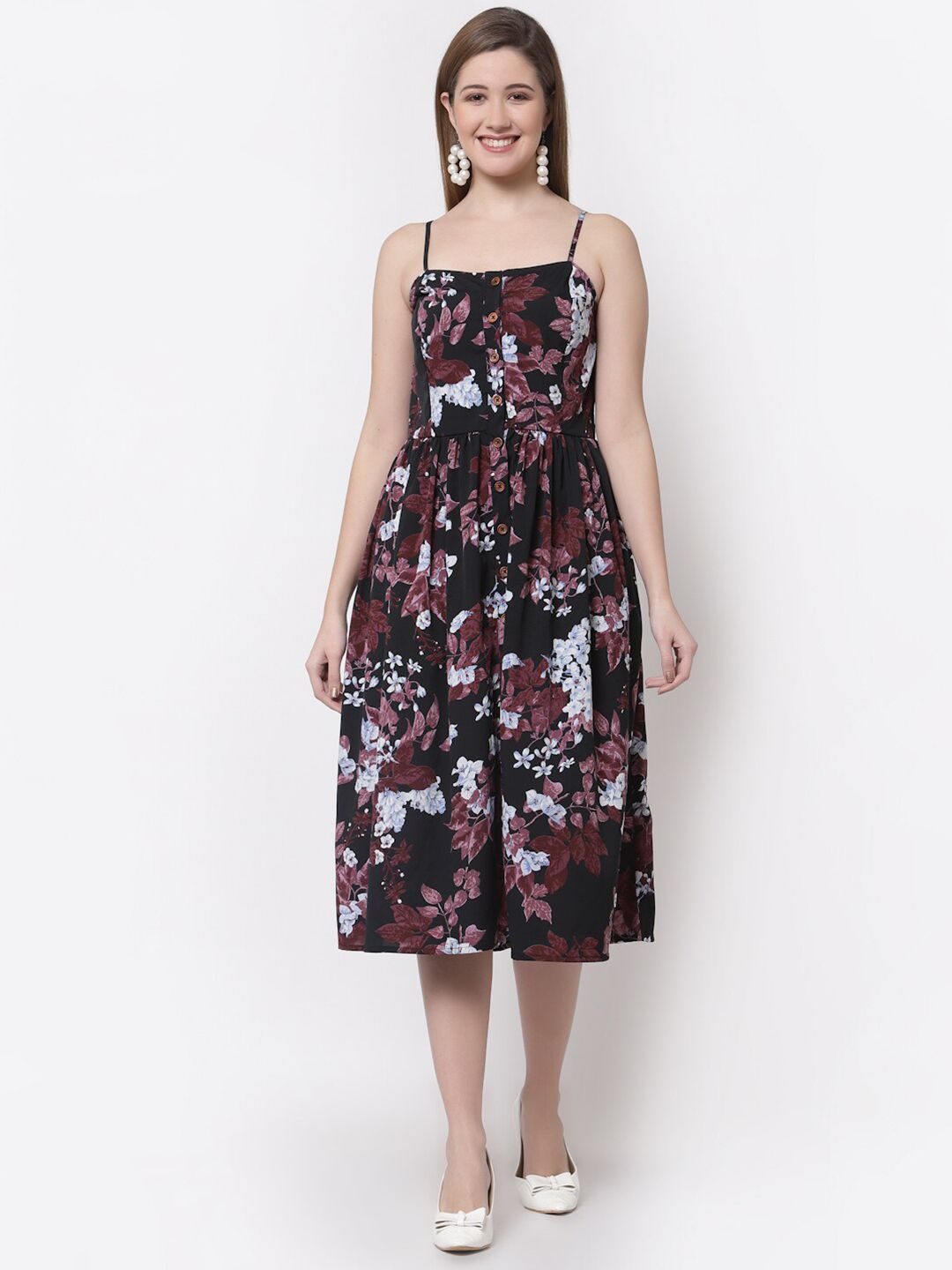 Myshka Women Black & Brown Floral Printed Organic Cotton Midi Dress Price in India