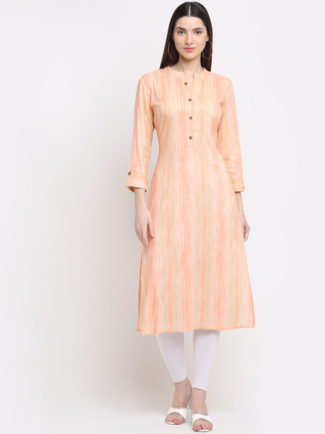 KALINI Women Peach-Coloured Striped Pastels Kurta Price in India