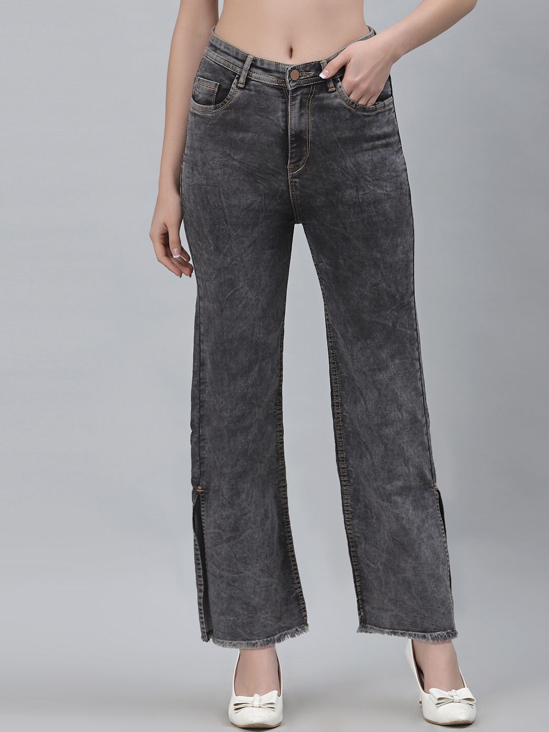 River Of Design Jeans Women Grey Wide Leg High-Rise Heavy Fade Stretchable Jeans Price in India