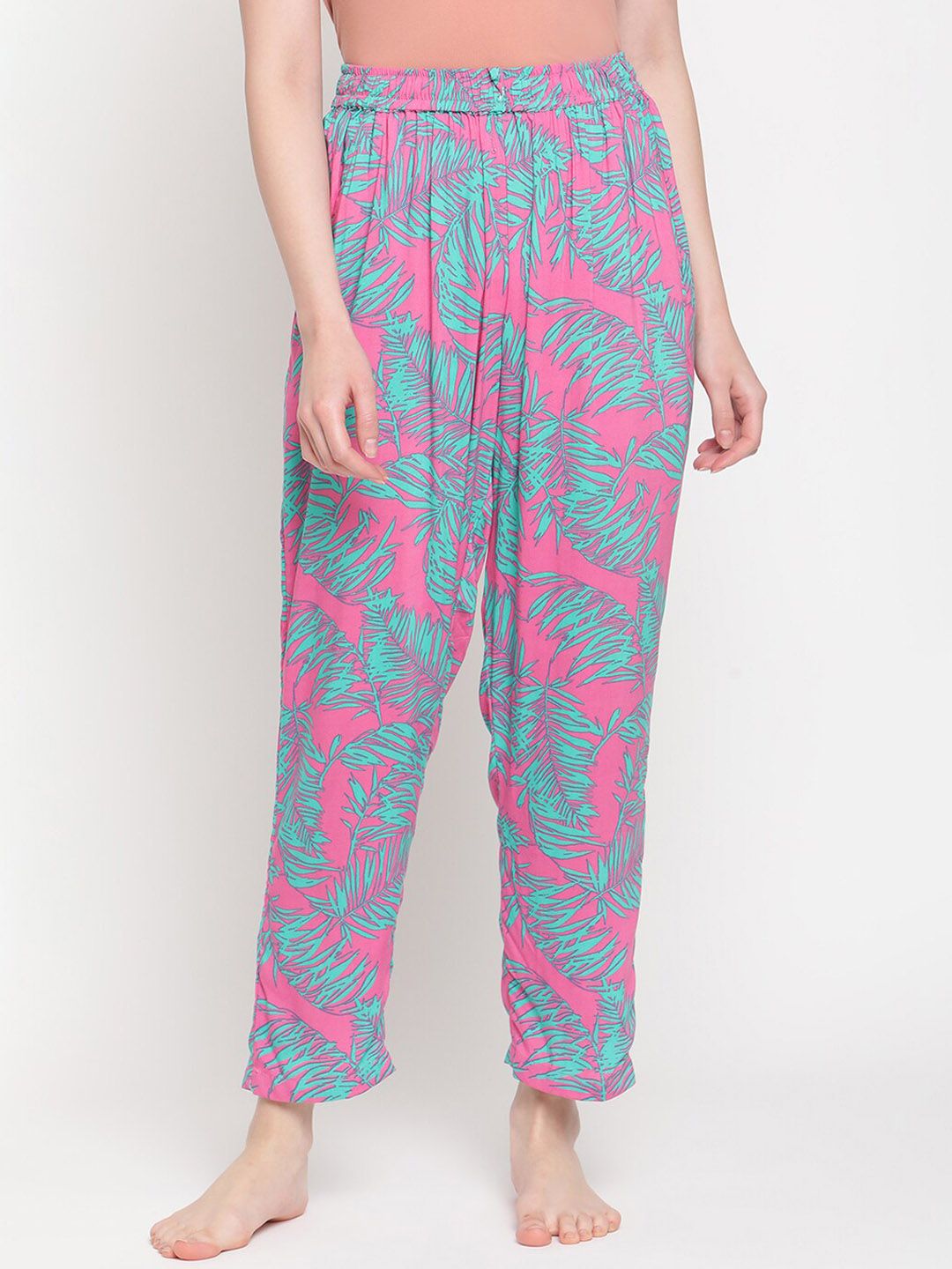 TAG 7 Women Blue & Pink Tropical Printed Cotton Lounge Pants Price in India