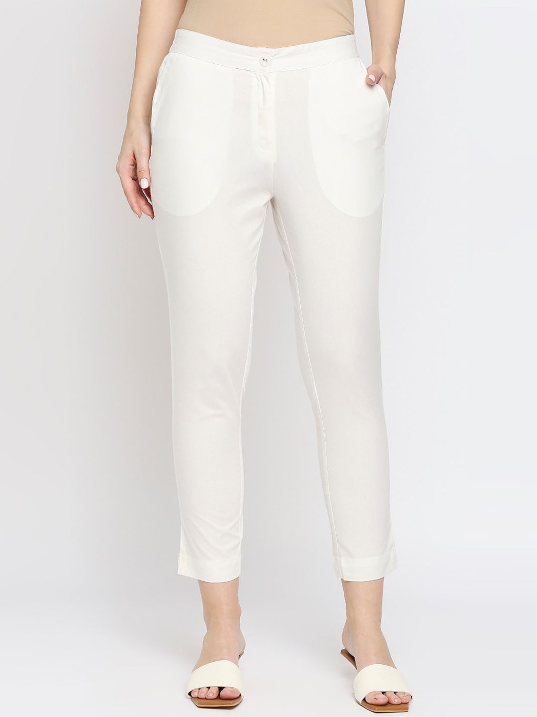 Ethnicity Women Off White Regular Fit Cotton Cigarette Trousers Price in India