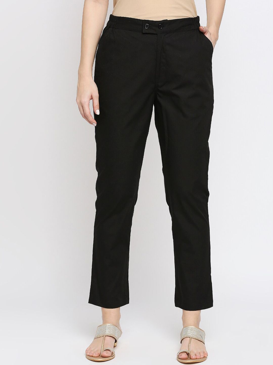 Ethnicity Women Black Straight Fit Cotton Cropped Trousers Price in India