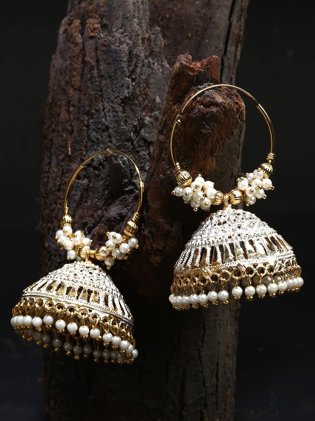 ANIKAS CREATION White & Gold-Plated Enamelled Hoop Earrings With Jhumki Price in India