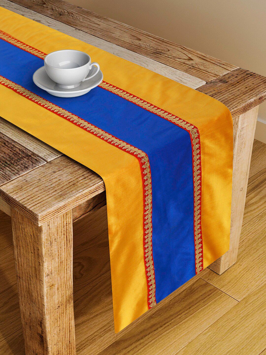 SAKA DESIGNS Blue & Mustard Regal Striped Silk Blend Table Runner Price in India