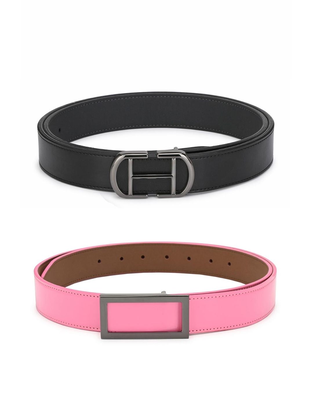 Calvadoss Women Black & Pink Set Of 2 Solid PU Belts Price in India