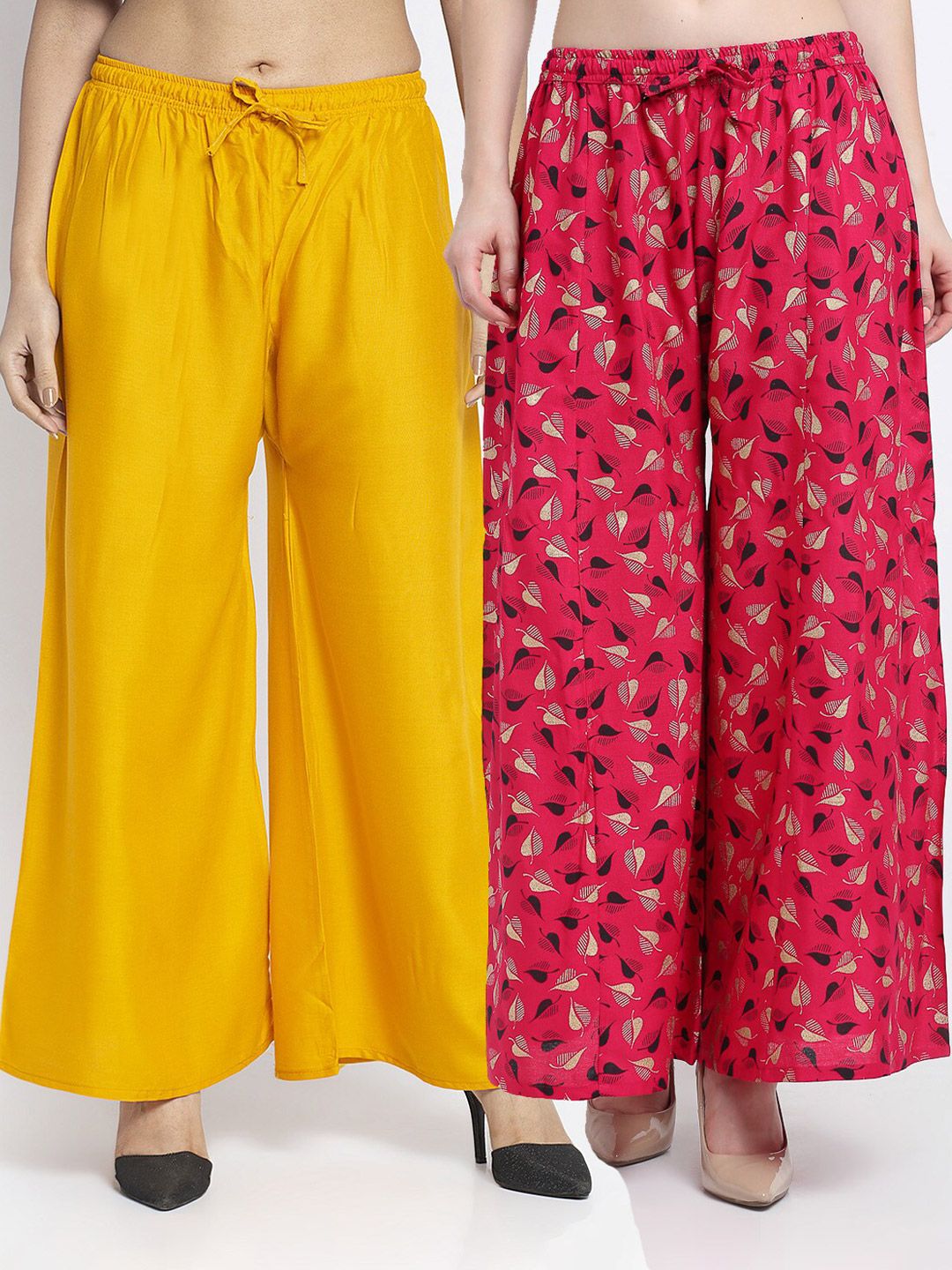 GRACIT Women Yellow & Pink Pack of 2 Printed Flared Knitted Ethnic Palazzos Price in India