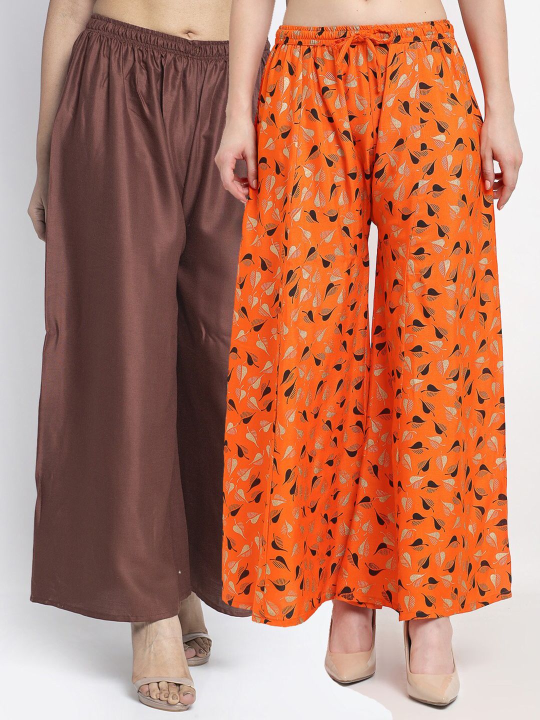 GRACIT Women Brown & Orange Set Of 2 Floral Printed Flared Ethnic Palazzos Price in India