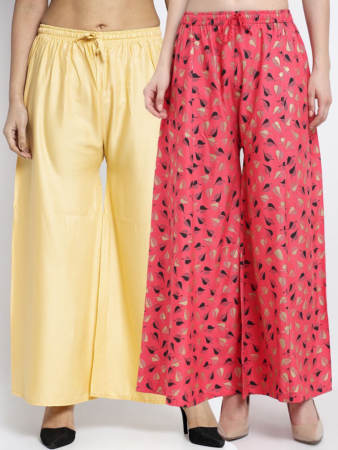 GRACIT Women Cream-Coloured & Coral 2 Printed Flared Knitted Ethnic Palazzos Price in India