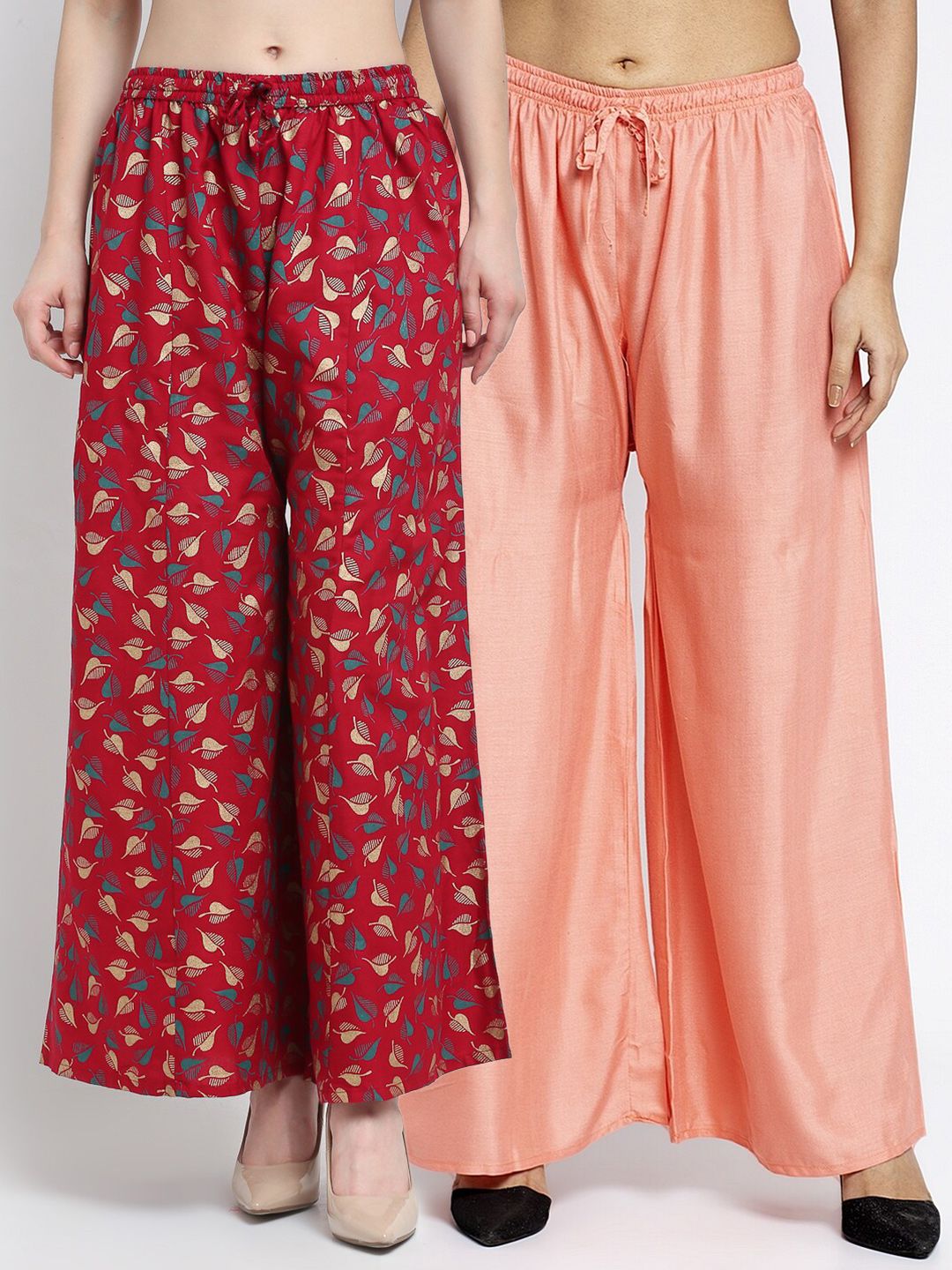 GRACIT Women Peach & Maroon Set Of 2 Solid & Printed Flared Fit Palazzos Price in India