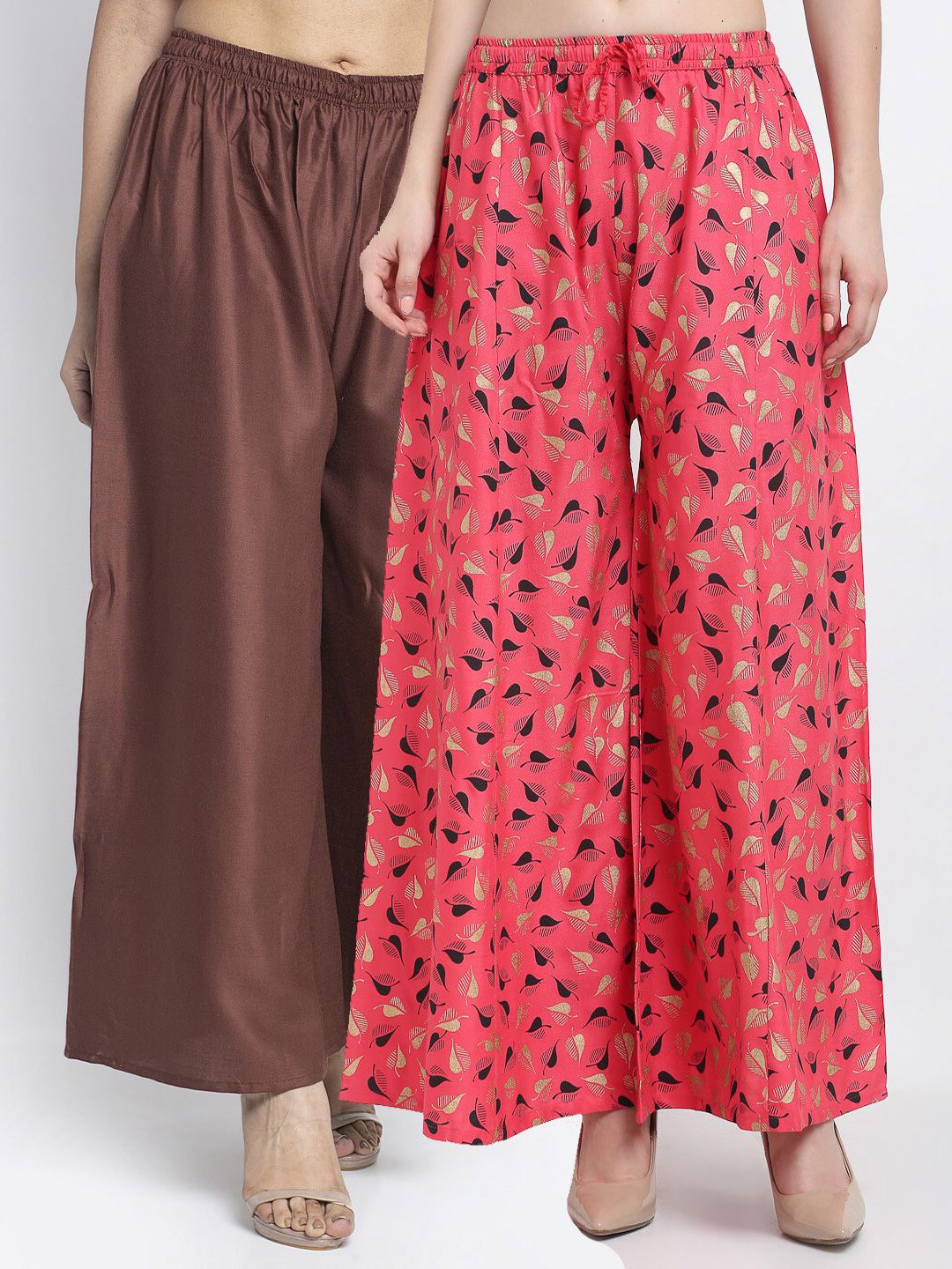 GRACIT Women Coffee Brown & Coral Set of 2 Printed Flared Knitted Ethnic Palazzos Price in India