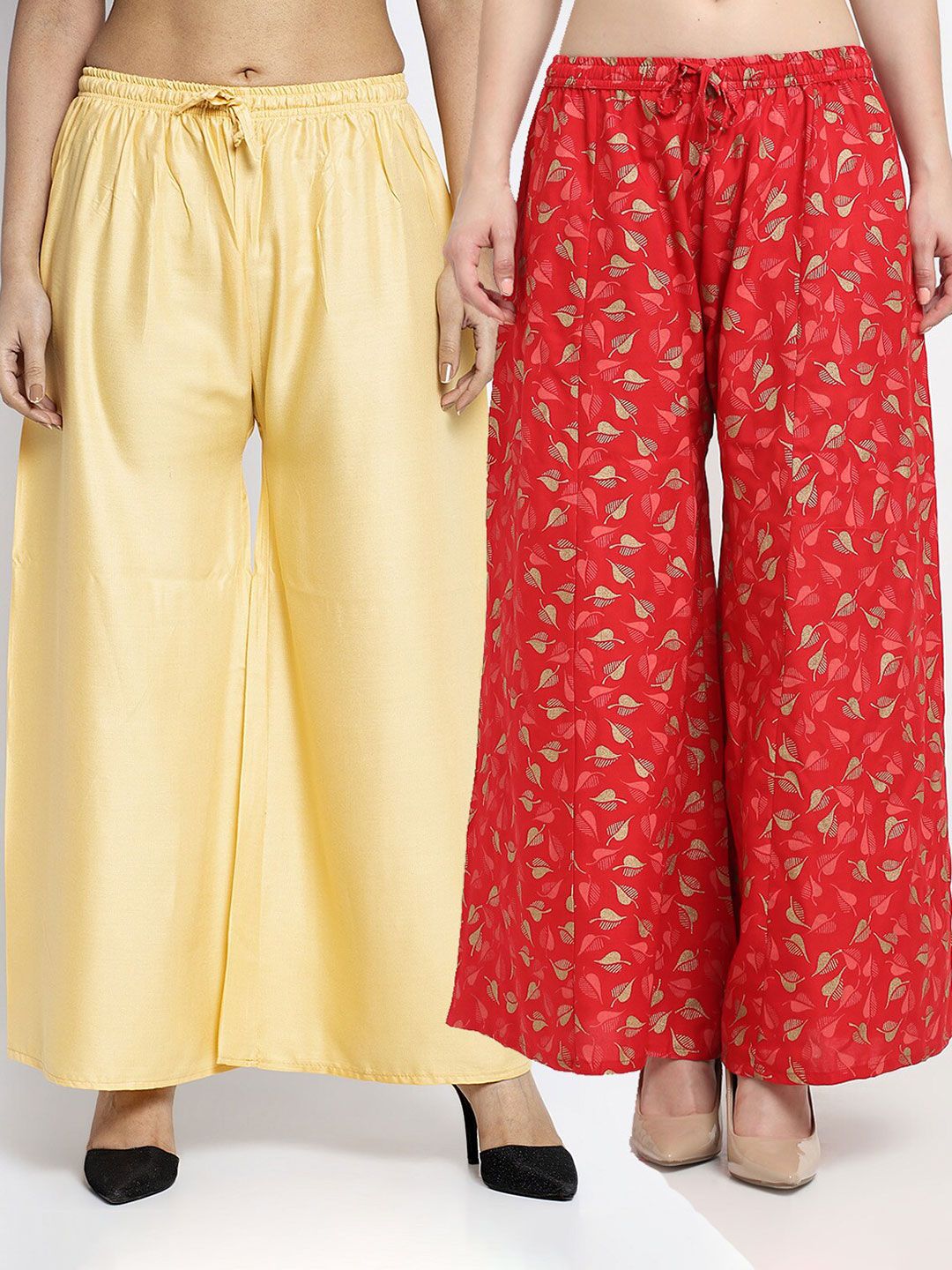 GRACIT Women Beige & Red Set Of 2 Printed & Solid Flared Fit Palazzos Price in India