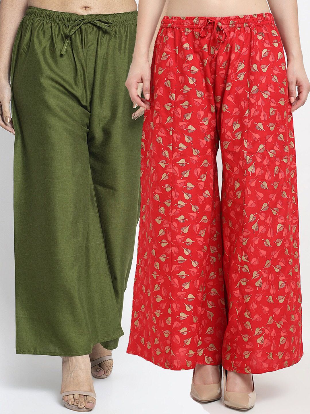 GRACIT Women Green & Red Set Of 2 Floral Printed Flared Knitted Ethnic Palazzos Price in India