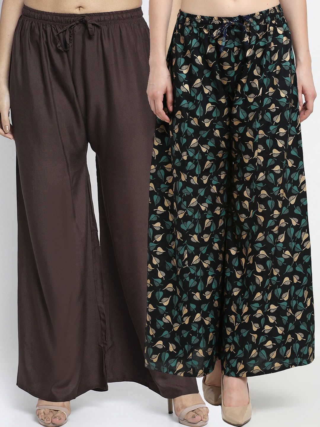 GRACIT Women Coffee Brown & Black Pack of 2 Floral Printed Flared Ethnic Palazzos Price in India