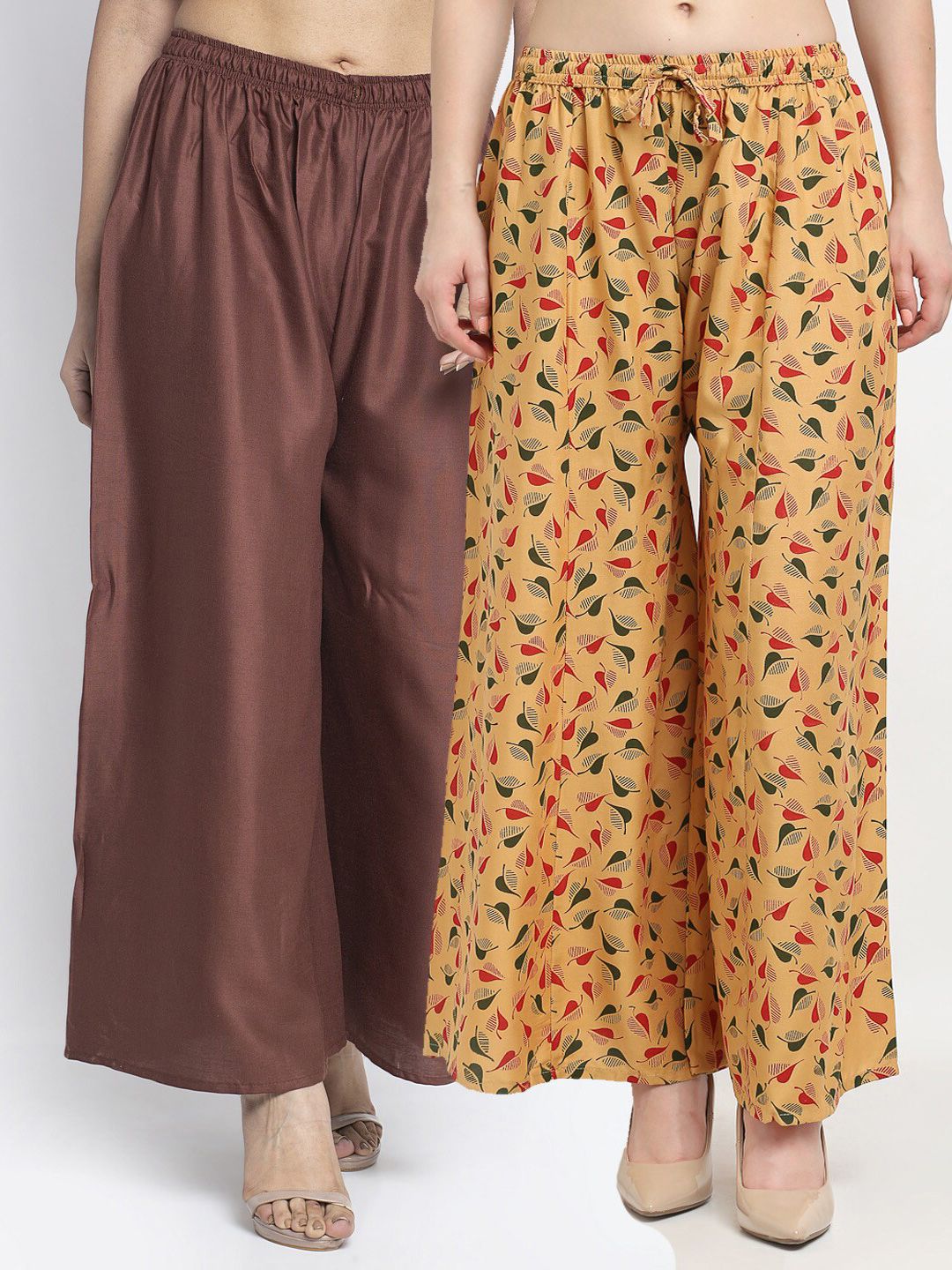 GRACIT Women Brown & Beige Set Of 2 Floral Printed Flared Ethnic Palazzos Price in India