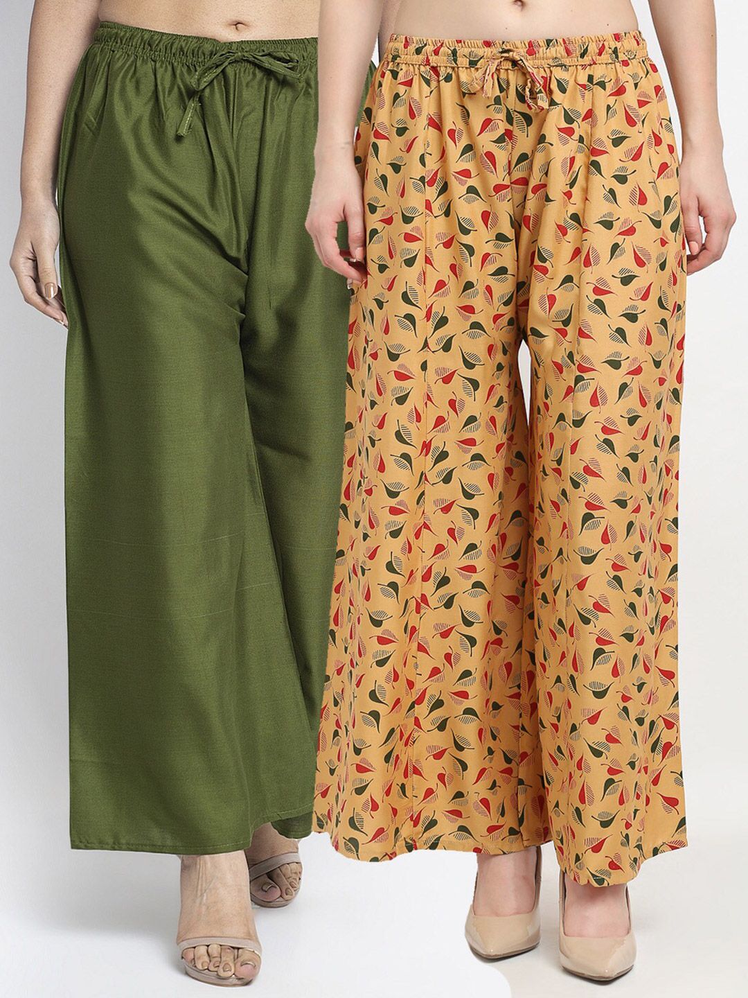 GRACIT Women Green & Brown Set of 2 Floral Printed Flared Ethnic Palazzos Price in India