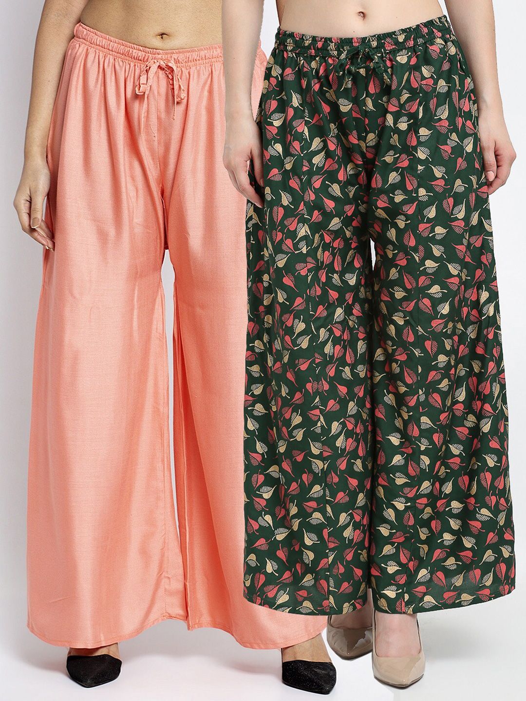 GRACIT Women Peach & Green Set Of 2 Solid & Printed Flared Fit Palazzos Price in India