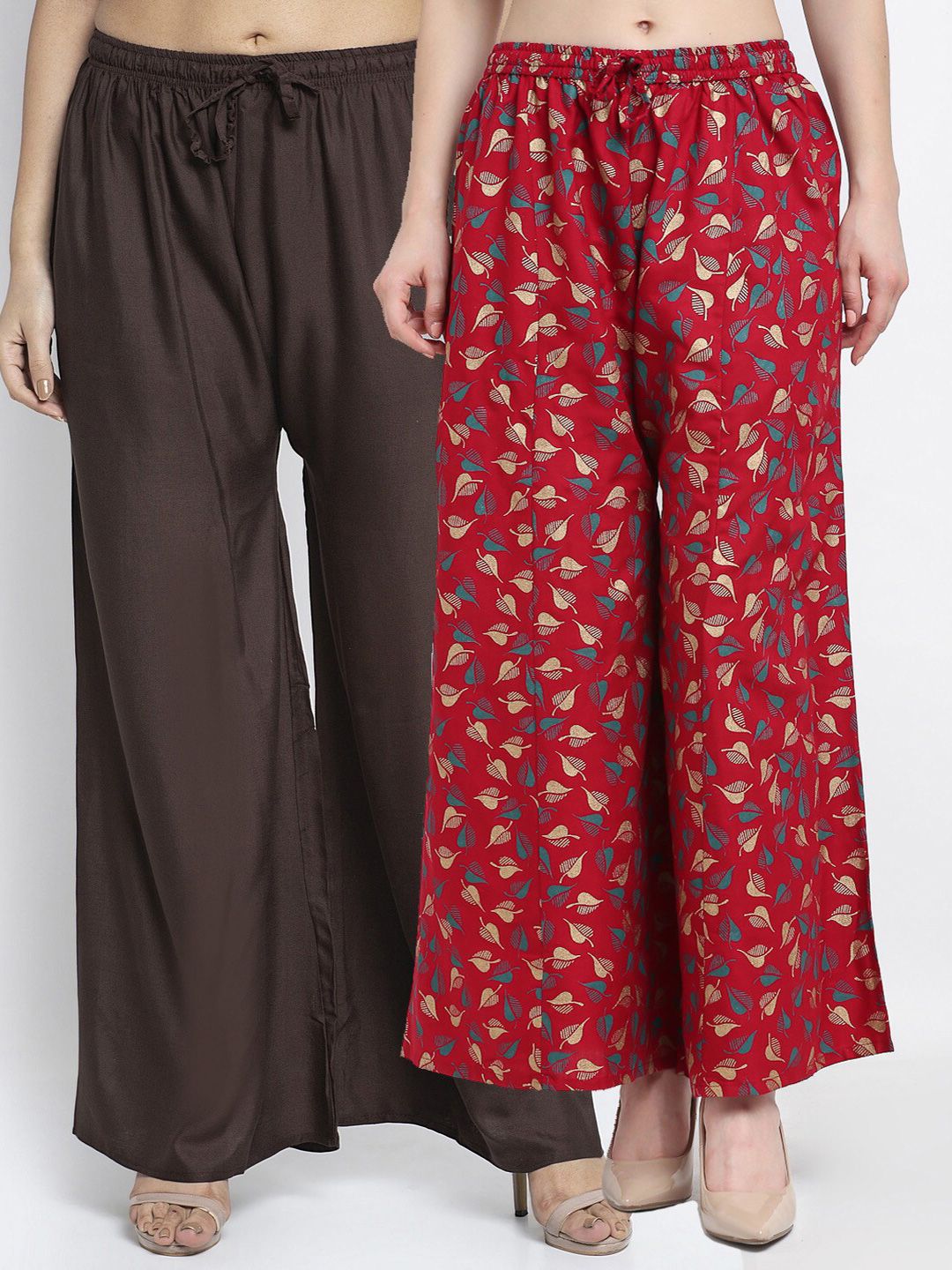 GRACIT Women Coffee Brown & Maroon Set of 2 Printed Flared Knitted Ethnic Palazzos Price in India