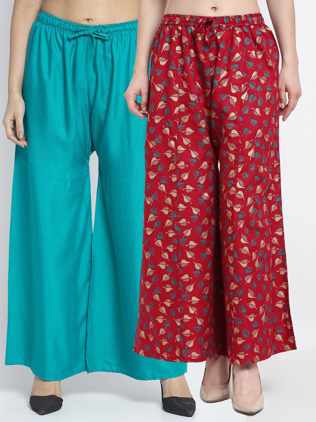 GRACIT Women Pack of 2 Sea Green & Maroon Printed Flared Knitted Ethnic Palazzos Price in India