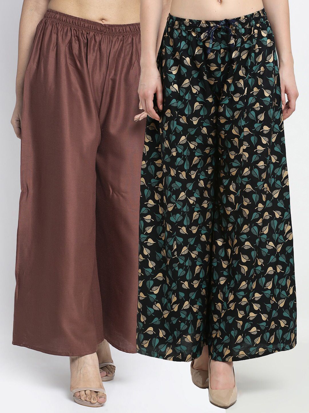 GRACIT Women Brown & Black Set Of 2 Printed Flared Ethnic Palazzos Price in India