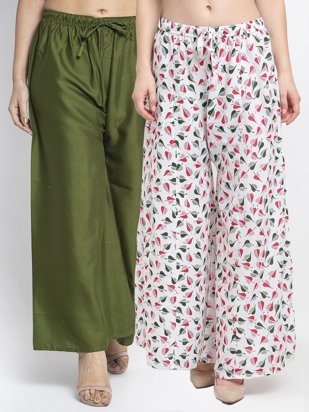 GRACIT Women Green & White Set Of 2 Solid & Printed Flared Fit Palazzos Price in India