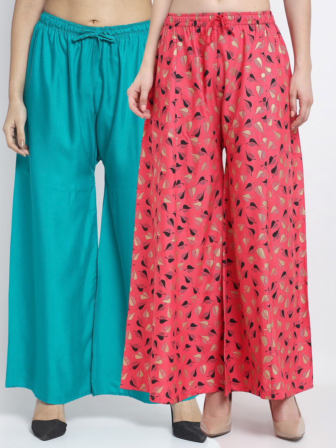 GRACIT Women Sea Green & Coral Set Of 2 Floral Printed Flared Ethnic Palazzos Price in India