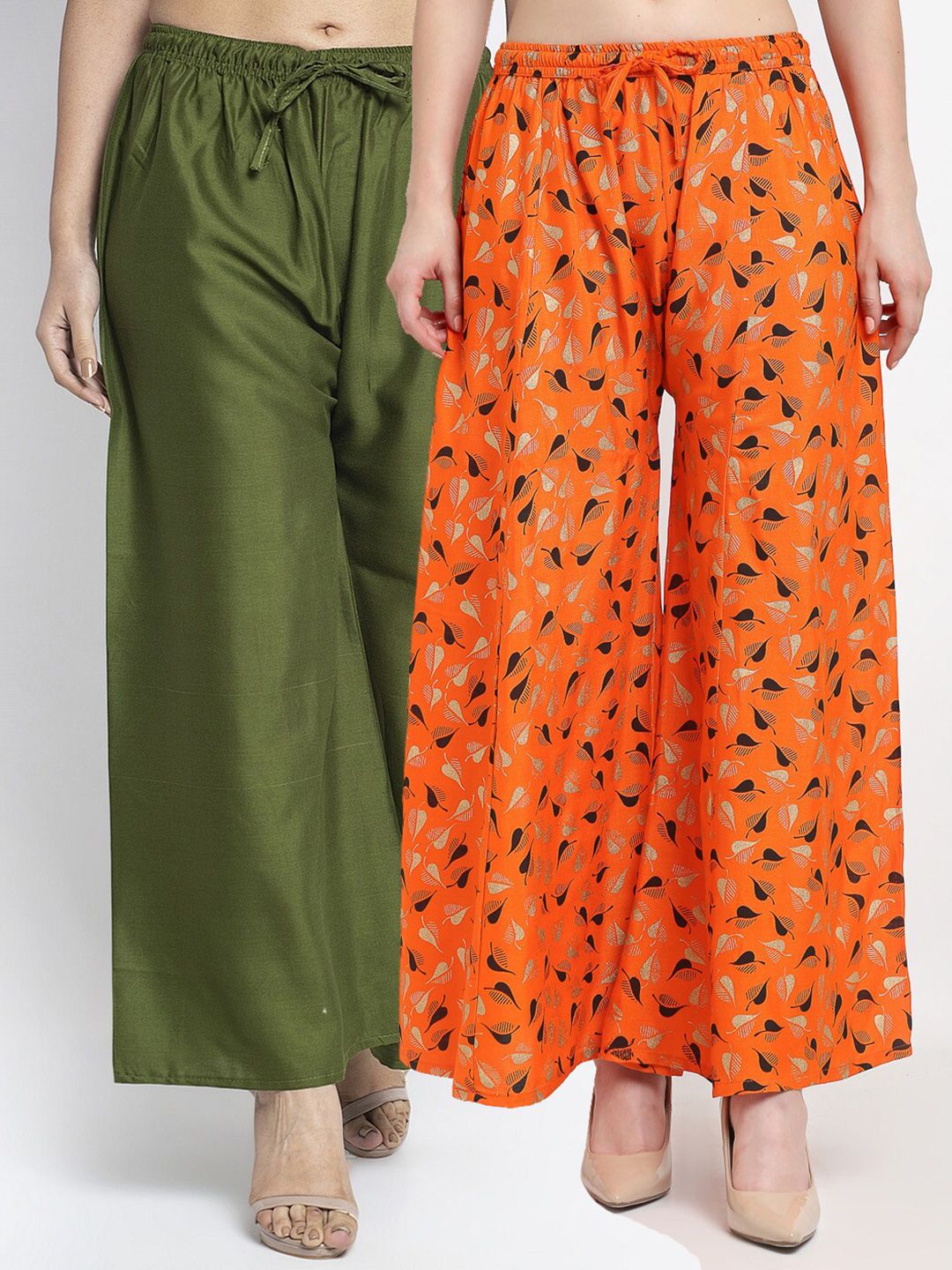 GRACIT Women Pack of 2 Green & Orange Floral Printed Flared Ethnic Palazzos Price in India