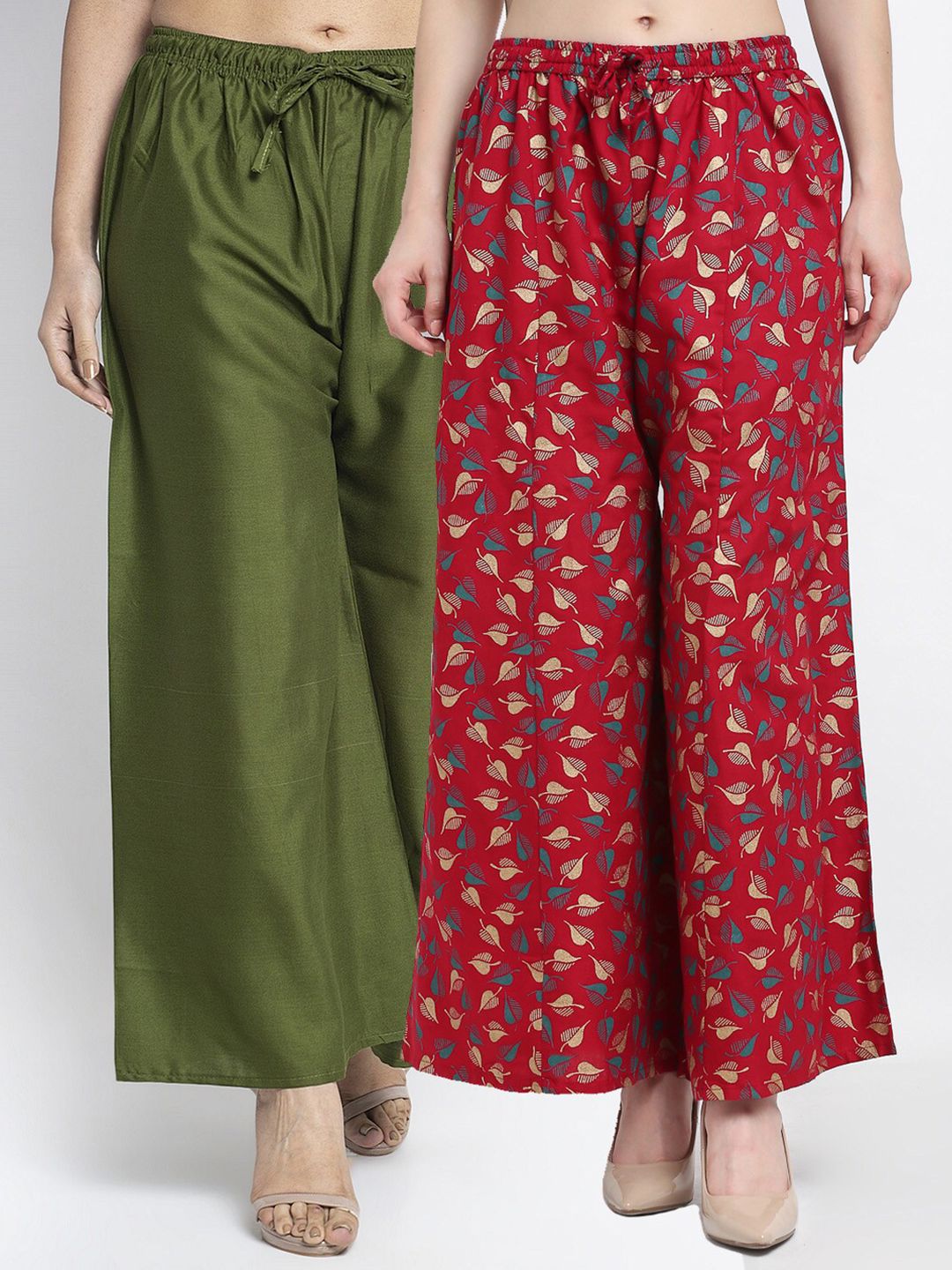 GRACIT Women Green & Maroon Set of 2 Printed Flared Knitted Ethnic Palazzos Price in India