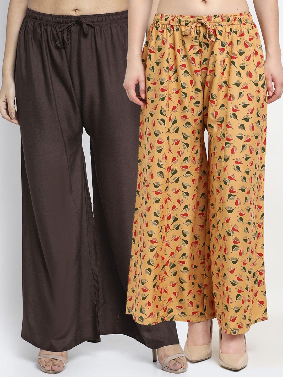 GRACIT Women Pack of 2 Brown & Beige Printed Flared Knitted Ethnic Palazzos Price in India