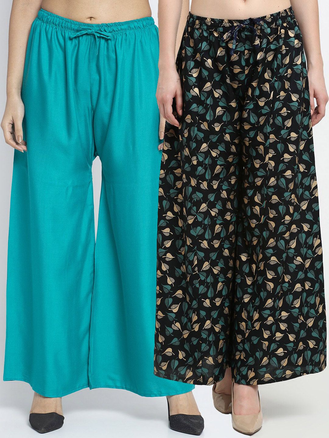 GRACIT Women Green & Black Pack of 2 Printed Flared Knitted Ethnic Palazzos Price in India