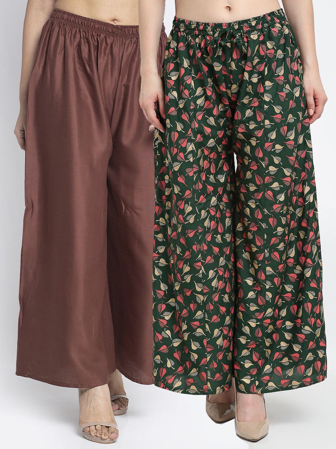 GRACIT Women Brown & Green Set Of 2 Solid & Printed Straight Fit Palazzos Price in India