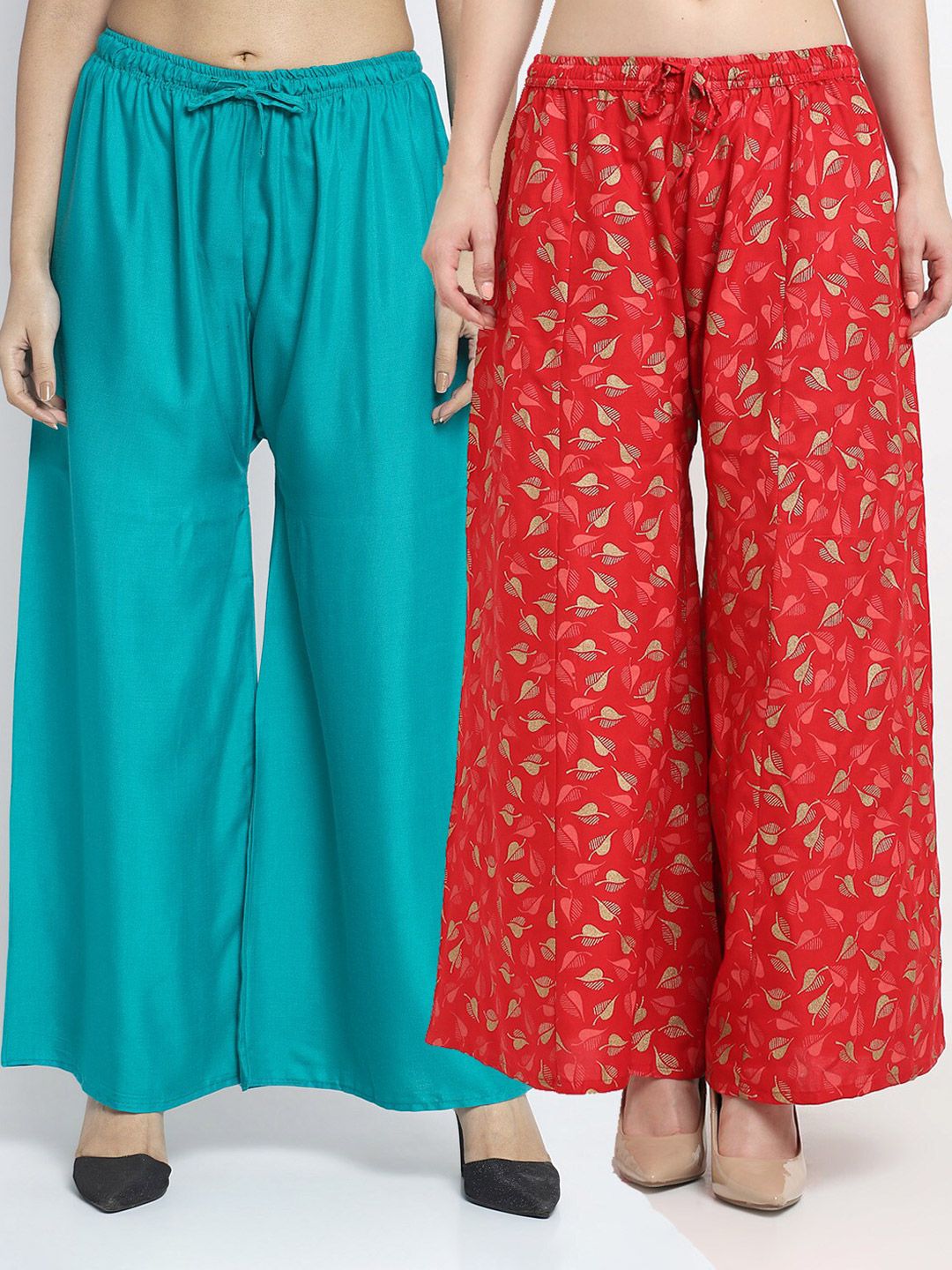 GRACIT Women Pack of 2 Sea Green & Red Printed Flared Ethnic Palazzos Price in India