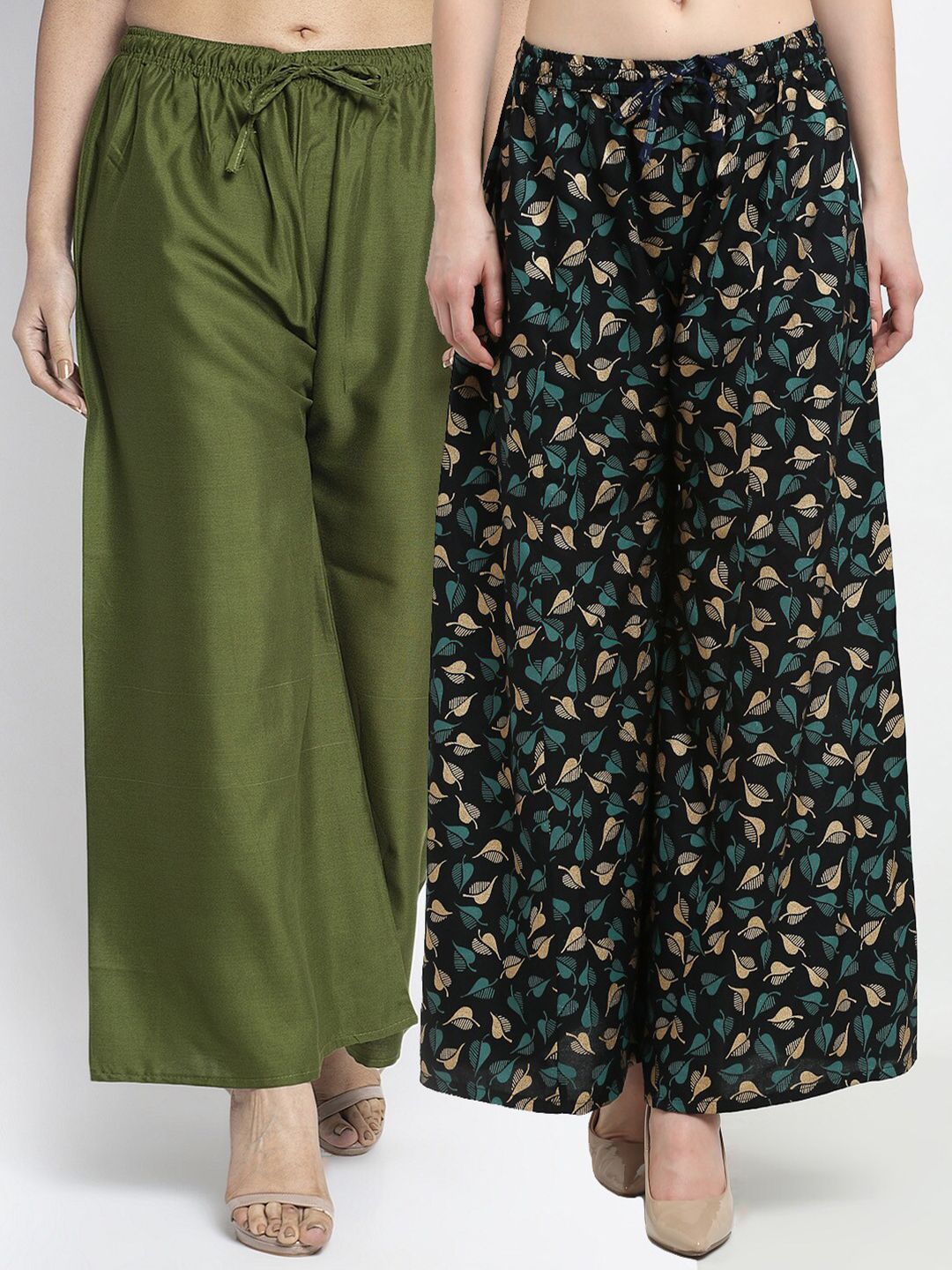 GRACIT Women Green & Black Set of 2 Floral Printed Flared Ethnic Palazzos Price in India