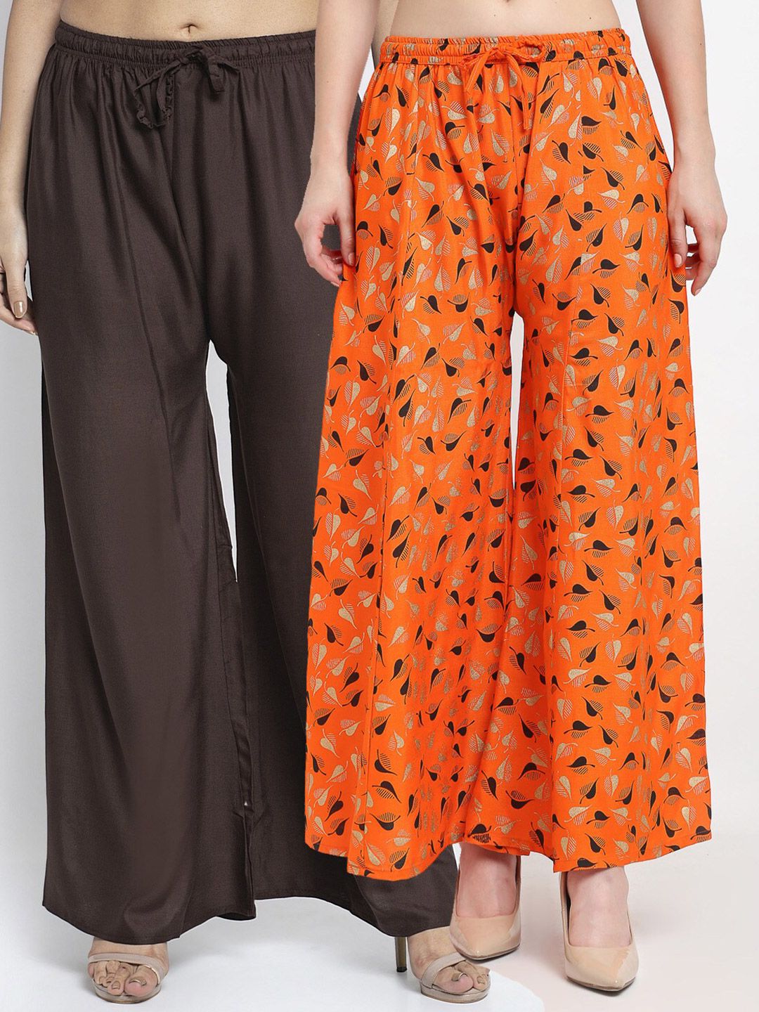 GRACIT Women Pack of 2 Coffee Brown & Orange Printed Flared Ethnic Palazzos Price in India