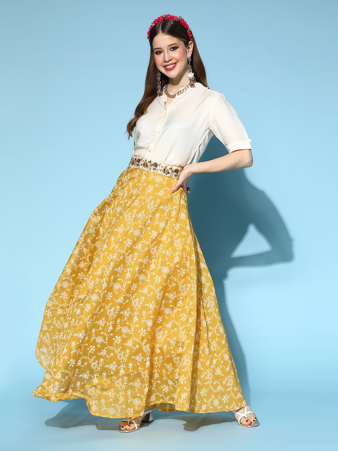 InWeave Women Beautiful Off-White Solid Shirt with Printed Skirt Price in India