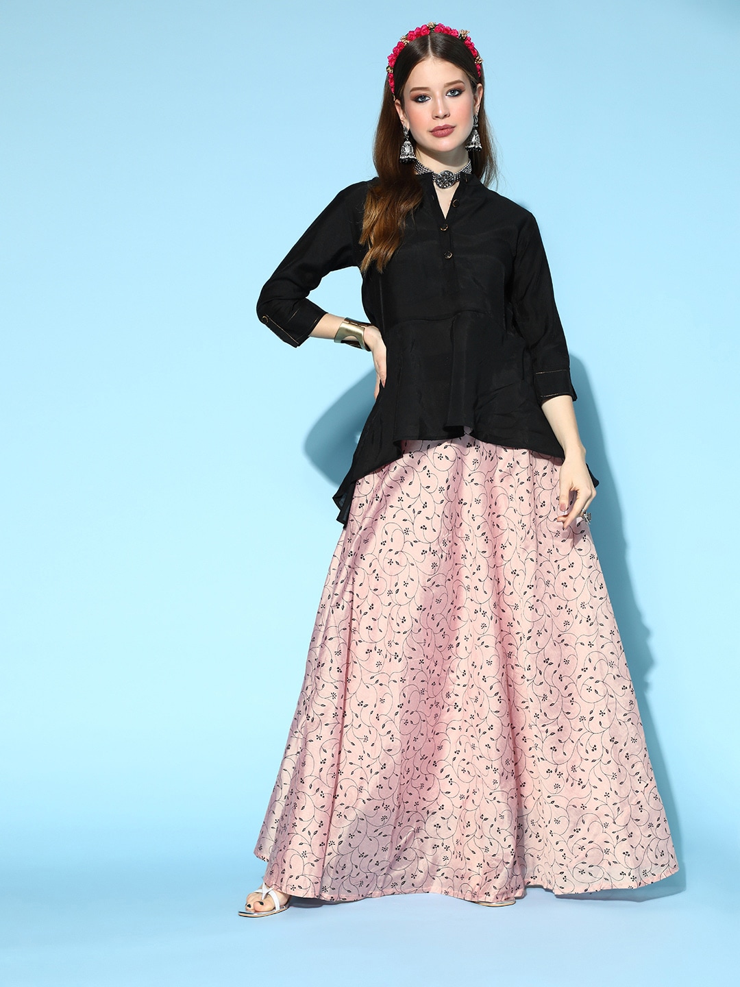 InWeave Women Stylish Black Solid Top with Printed Skirt Price in India