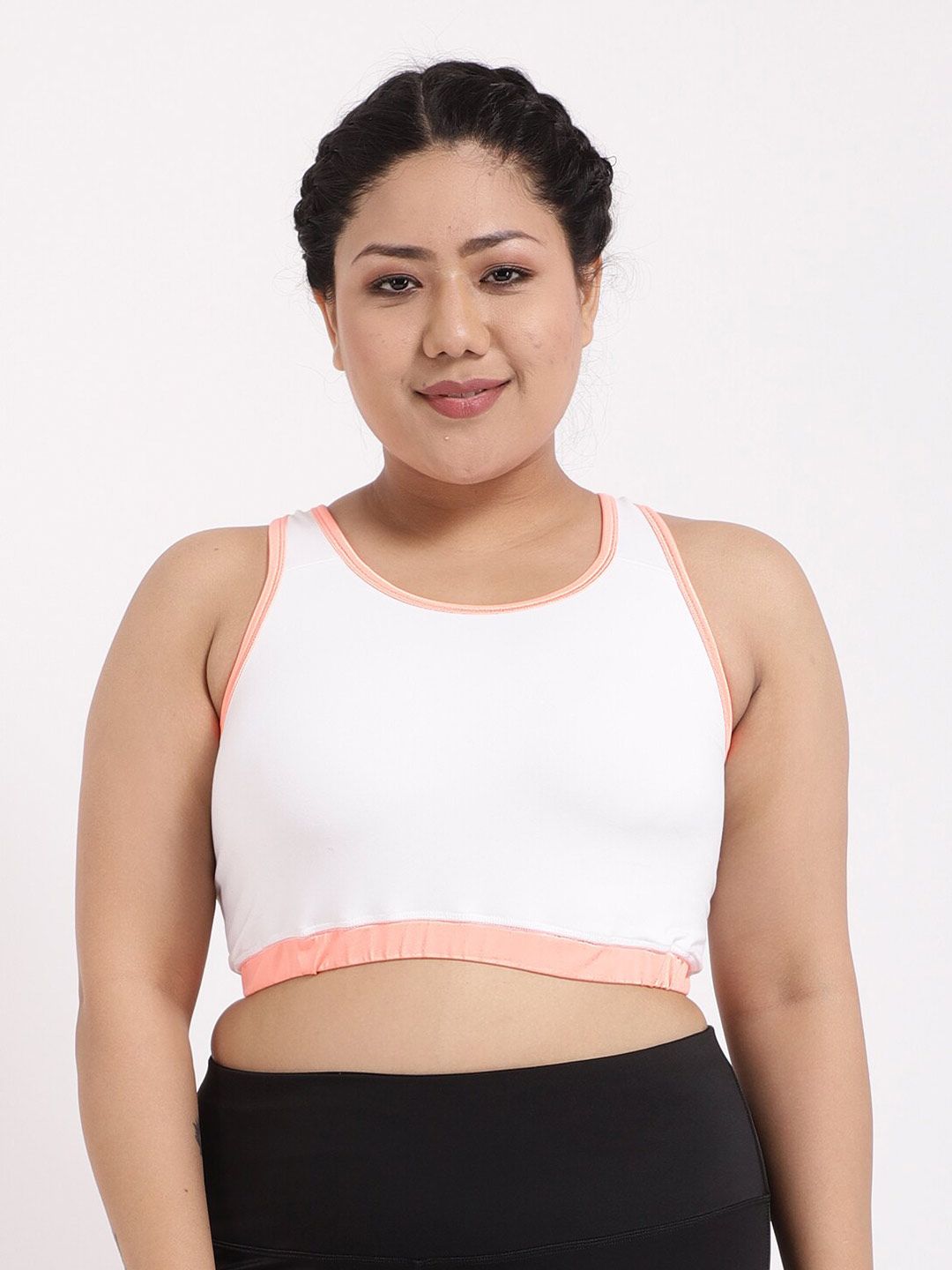 STUDIOACTIV White & Peach-Coloured Solid Non-Padded Workout Bra Price in India